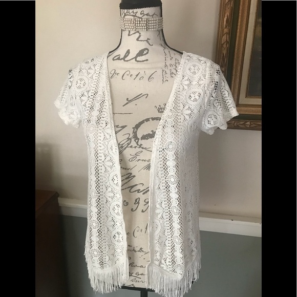 Women’s Crochet Knit Lace Open Cardigan Fringe M - Picture 2 of 8